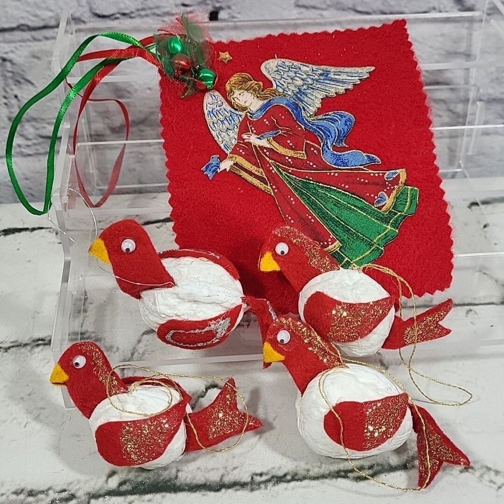 Vintage Handmade Felt Christmas Ornaments Lot‎ Painted Walnut Doves Geese Angel